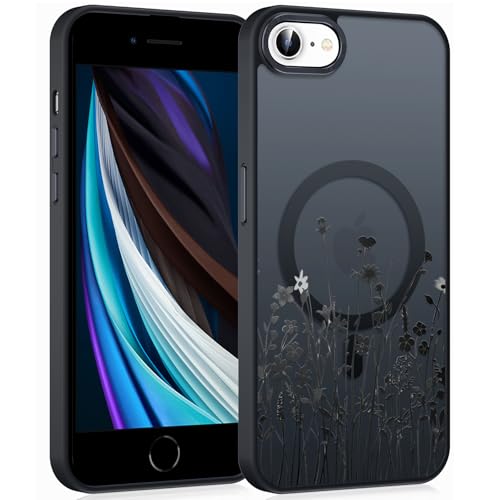 Coiwxmoi Magnetische Handyhülle für iPhone 16e/SE 4/SE 2025 6,1" Hülle, Kompatibel mit MagSafe, Aesthetic Blumen Muster Transluzente Case, Matte PC Dünn TPU Stoßfest Schutzhülle Cover - Schwarz 02 von Coiwxmoi