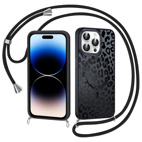 Coiwxmoi Magnetische Handykette Handyhülle für iPhone 16 Pro 6,3" Hülle mit Band, Kompatibel mit MagSafe, Aesthetic Leopard Muster Transluzente Case mit Kordel,Matte PC Dünn TPU Stoßfest Cover,Schwarz von Coiwxmoi