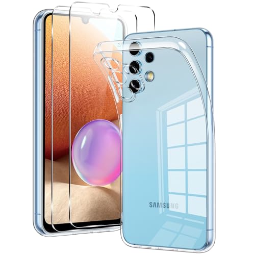 Coiwxmoi für Samsung Galaxy A32 4G Hülle Durchsichtig mit 2 Stück Schutzfolie, Transparent Handyhülle Panzer Schutz Glas, Schutzhülle Silikon Weiches TPU Case Cover Schutzglas für Samsung A32 4G 6,4“ von Coiwxmoi