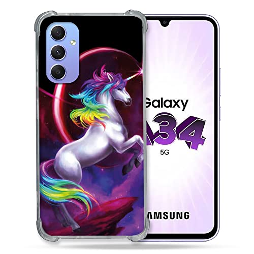 Cokitec Schutzhülle aus Hartglas für Samsung Galaxy A34 5G, Fantastisches Einhorn, Regenbogen von Cokitec