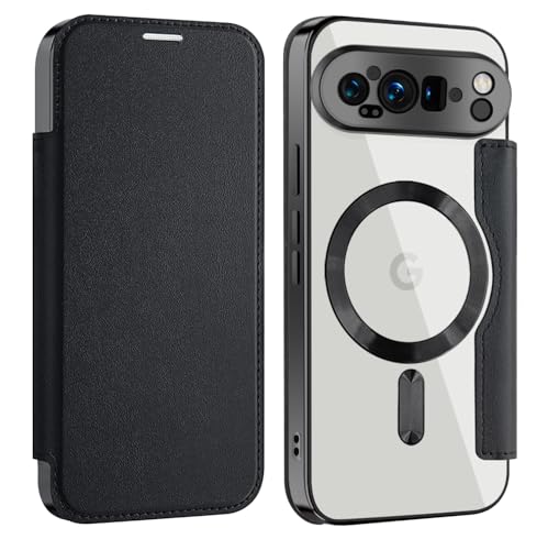 Colala Hülle für Google Pixel 9 Pro Transparente Elektroplattierte Silikon Handyhülle mit Kameraschutz und Lederklappdeckel Schutzhülle Drahtloses Laden unterstützt,Schwarz von Colala
