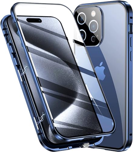 Colala Hülle für iPhone 15 Pro Max Magnetische Adsorption Handyhülle Hartglas mit Vorderseite und Rückseite,Metallrahmen Case mit Eingebaut Magnet,Ultra Dünn 360 Grad Schutzhülle - Blau von Colala