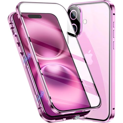 Colala Hülle für iPhone 16 Plus Magnetische Adsorption Handyhülle Hartglas mit Vorderseite und Rückseite,Metallrahmen Hülle mit Eingebaut Magnet,Ultra Dünn 360 Grad Schutzhülle,Rosa von Colala