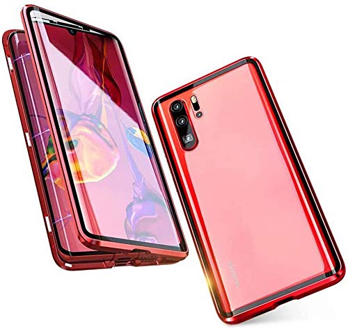 Kompatibel Hülle Huawei P30 Lite Magnetische Adsorption Technologie Handyhülle Metallrahmen Transparent Gehärtetes Glas Schutzhülle Cover Case - Rot von Colala