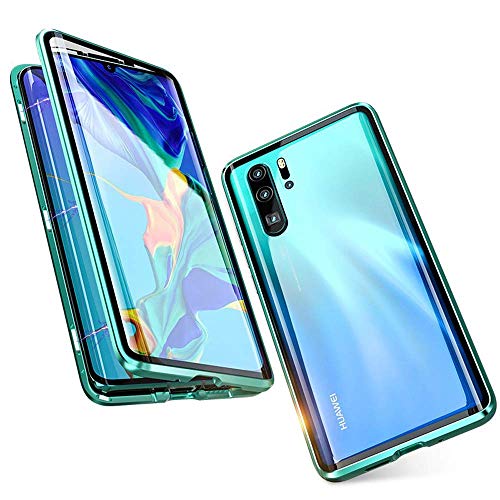 Kompatibel Hülle Huawei P30 Pro Magnetische Adsorption Technologie Handyhülle Metallrahmen Transparent Gehärtetes Glas Schutzhülle Cover Case - Grün von Colala