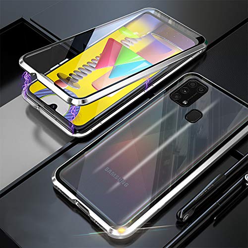 Kompatibel Hülle Samsung Galaxy A21s Magnetische Handyhülle Stark Magnetische Adsorption Technologie Metallrahmen 360 Grad Vorne hinten Gehärtetes Glas Schutzhülle Case - Silber von Colala