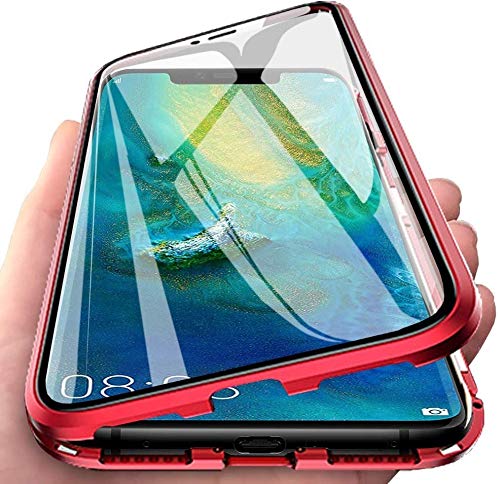 Kompatibel Hülle Samsung Galaxy A50 Magnetische Adsorption Technologie Handyhülle Metallrahmen Transparent Gehärtetes Glas Schutzhülle Cover Case - Rot von Colala