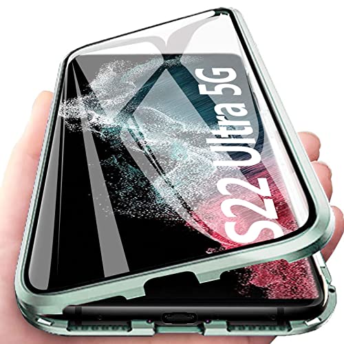 Kompatibel Hülle Samsung Galaxy S22 Ultra 5G Magnetische Adsorption Technologie Handyhülle Metallrahmen Transparent Gehärtetes Glas Schutzhülle Cover Case - Grün von Colala