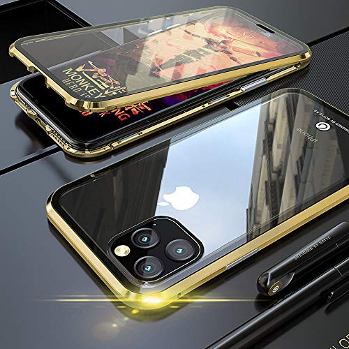 Kompatibel Hülle iPhone 11 Magnetische Adsorption Technologie Handyhülle Metallrahmen Transparent Gehärtetes Glas Schutzhülle Cover Case - Gold von Colala