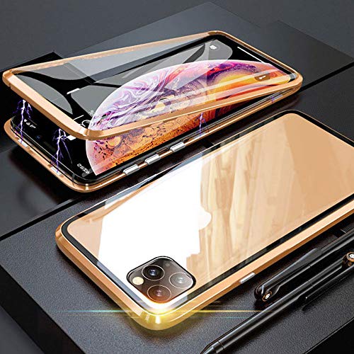 Kompatibel Hülle iPhone 11 Pro Magnetische Adsorption Technologie Handyhülle Metallrahmen Transparent Gehärtetes Glas Schutzhülle Cover Case - Gold von Colala