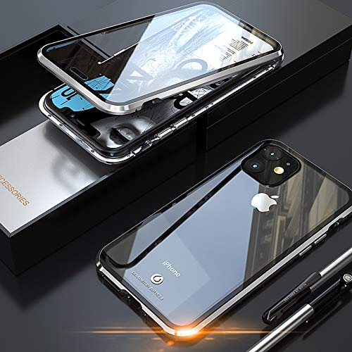 Kompatibel Hülle iPhone 11 Pro Max Magnetische Adsorption Technologie Handyhülle Metallrahmen Transparent Gehärtetes Glas Schutzhülle Cover Case - Silber von Colala