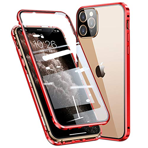 Kompatibel Hülle iPhone 12 Magnetische Adsorption Technologie Handyhülle Metallrahmen Transparent Gehärtetes Glas Schutzhülle Cover Case - Rot von Colala