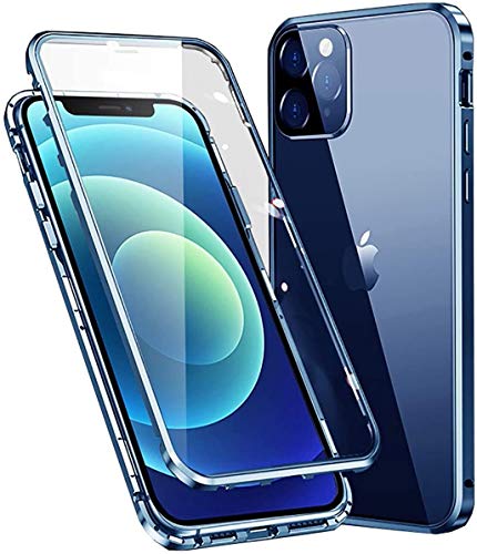 Kompatibel Hülle iPhone 12 Pro Max Magnetische Adsorption Technologie Handyhülle Metallrahmen Transparent Gehärtetes Glas Schutzhülle Cover Case - Blau von Colala