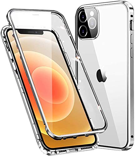 Kompatibel Hülle iPhone 12 Pro Max Magnetische Adsorption Technologie Handyhülle Metallrahmen Transparent Gehärtetes Glas Schutzhülle Cover Case - Silber von Colala