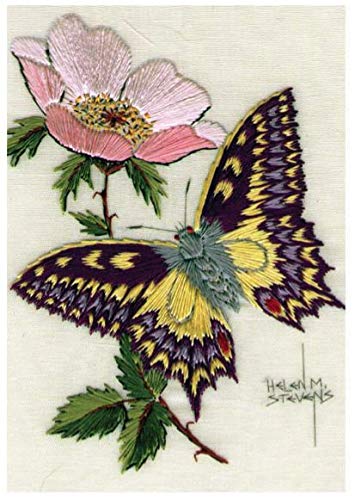 Helen Stevens Grußkarte, Stickerei, Schwalbenschwanz und Rose von Colcards
