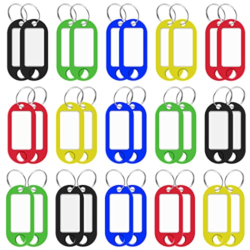 50 Stück Kunststoff Schlüsselanhänger, Beschriftbar Bunte Schlüsselanhänger, Schlüssel Anhänger und Schlüsselschilder mit geteiltem Ringetikettenfenster, für Haustiere, Gepäckstücke oder USB Sticks von Colexy