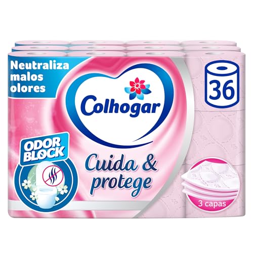 Colcasa, Pflege & Schützt 3 x 12 Toilettenpapier mit Odor Block Technologie, neutralisiert schlechte Gerüche, Packung mit 36 Rollen, 3 Schichten, rosa Rollen mit frischem Duft von Colhogar