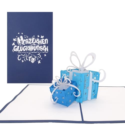 3D Geburtstagskarte Geschenke - Blau & Weiß - Pop Up Karte zum Geburtstag, Namenstag und zur Geburt - als kleines Geschenk, Geschenkverpackung, Einladungskarte & Gutschein von Cologne Cards