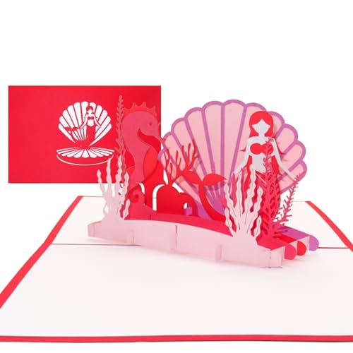 3D Pop Up Karte „Kleine Meerjungfrau“ - Geburtstagskarte mit Meerjungfrau & Seepferdchen – Einladungskarte, Geschenk, Geschenkverpackung & Geschenkgutschein zum Kindergeburtstag von Cologne Cards