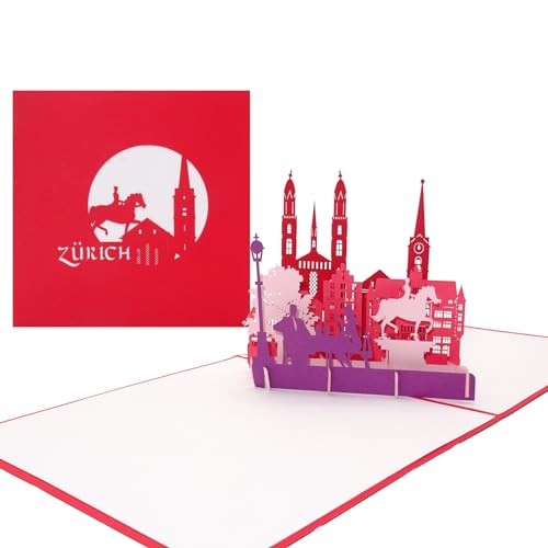 3D Pop Up Karte „Zürich – Panorama mit Grossmünster“ - Grußkarte mit Zürcher Panorama – Städtekarte als Schweiz Souvenir, Einladungskarte & Gutschein zur Städtereise von Cologne Cards