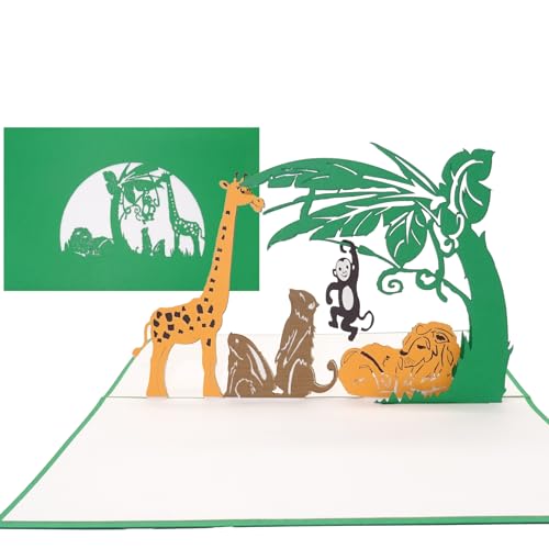 3D Pop Up Karte Tiere im Zoo - Geburtstagskarte, Einladungskarte, Gutschein Kindergeburtstag Zoo mit Löwe, Giraffe & Affe von Cologne Cards