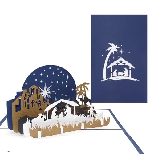 3D Weihnachtskarte „Heilige Familie – Weihnachten“, Edle Pop-Up Karte zu Weihnachten mit Krippe in Blau & Weiß von Cologne Cards