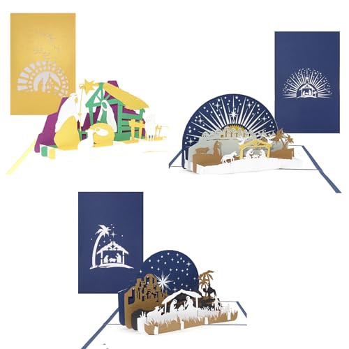 3D Weihnachtskarten im 3er Set - 3x christliche Pop Up Karten zu Weihnachten mit Umschlag - Modell Krippe - Krippenmotive von Cologne Cards