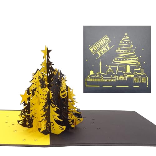 Cologne Cards 3D Weihnachtskarte „Dortmund Skyline - Weihnachten in Schwarz Gelb“ Weihnachtskarte mit Tannenbaum – für Dortmund-Fans von Cologne Cards