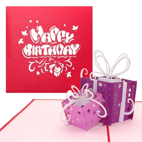 Geburtstagskarte Geschenke - Happy Birthday Rot & Lila - Pop Up Karte, 3D Karte, Pop Up Karten, Karte zum Geburtstag, Glückwunschkarte, Namenstag, Geburt von Cologne Cards