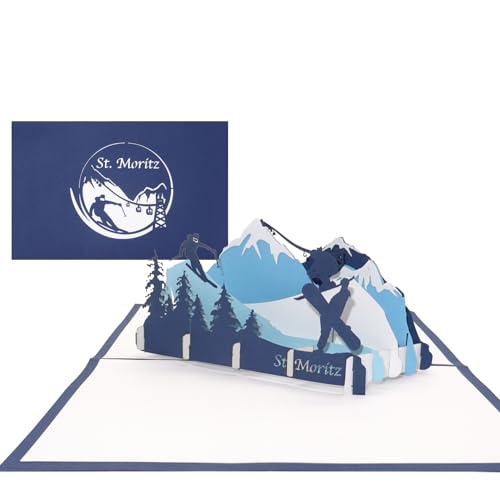 Grußkarte St. Moritz - 3D Karte als Souvenir, Geburtstagskarte, Reisegutschein & Einladungskarte zum Skiurlaub in der Schweiz - Pop Up Karte Ski & Snowboard von Cologne Cards