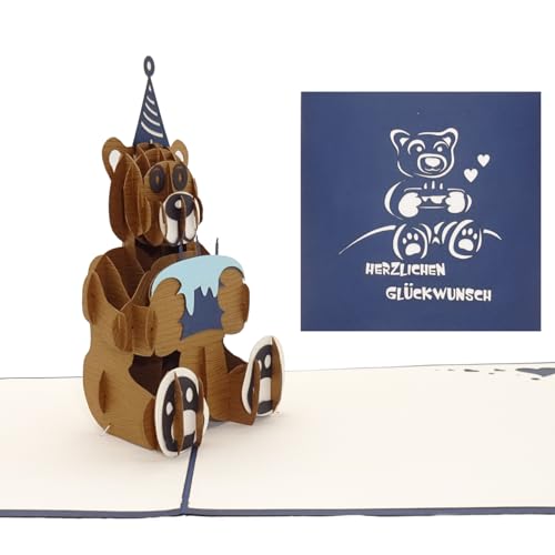 Pop Up Geburtstagskarte Teddybär mit Torte - Teddy Bär Pop Up Karte als Geschenkidee – Glückwunschkarte, Geschenk, Geschenkverpackung & Gutschein zum Geburtstag von Cologne Cards