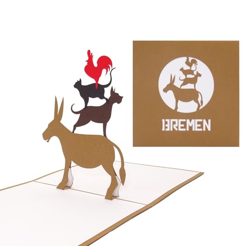 Pop Up Karte „Bremen - Bremer Stadtmusikanten“ - 3D Grußkarte als Souvenir, Geschenk, Geburtstagskarte, Einladungskarte & Gutschein zum Städtetrip nach Bremen von Cologne Cards