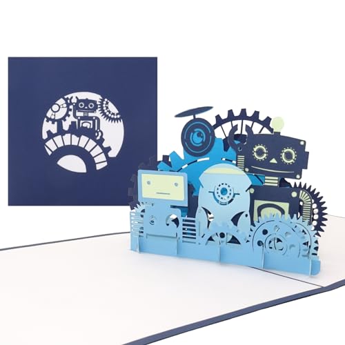 Pop Up Karte „Funny Robots“ - lustige Roboter 3D Grußkarte als Geburtstagskarte, Gutschein, Einladungskarte - als Geschenkgutschein oder Geschenk zu Kindergeburtstag & Einschulung von Cologne Cards