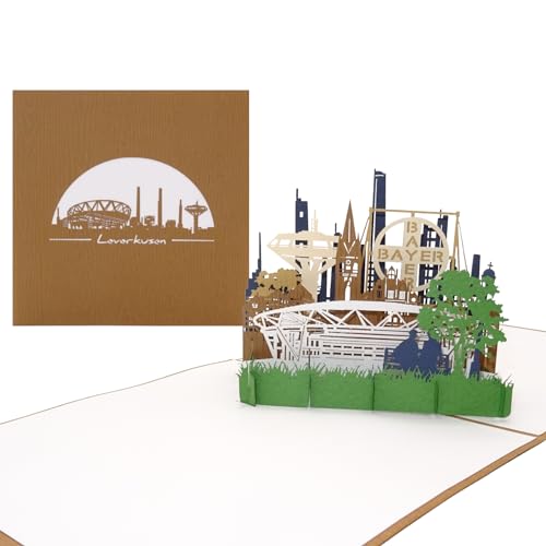 Pop-Up Karte „Leverkusen – Skyline“ 3D Geburtstagskarte als Souvenir, Postkarte, Fanartikel, Geschenkgutschein & Einladung von Cologne Cards