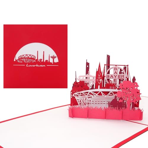 Pop-Up Karte „Leverkusen – Skyline mit Stadion“ 3D Grußkarte als Postkarte, Souvenir, Gutschein & Fanartikel - Karte mit Umschlag von Cologne Cards