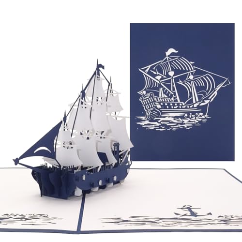 Pop Up Karte „Segelschiff 4-Master“ große 3D Geburtstagskarte Boot, Einladung Segeln, Gutschein mit filigranem 3D Schiff Modell von Cologne Cards