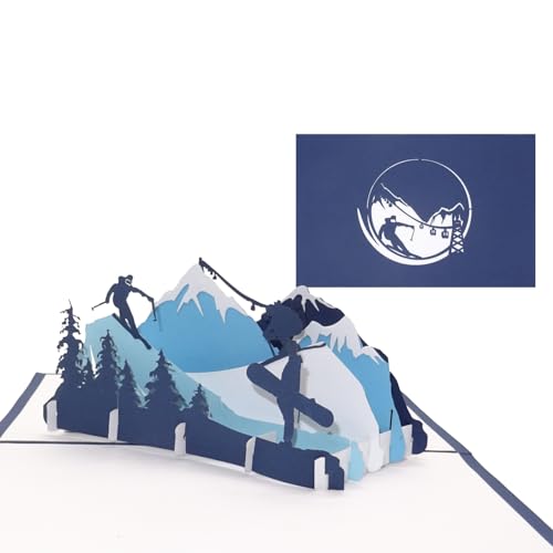 Pop Up Karte „Ski & Snowboard“ - 3D Geburtstagskarte, Einladungskarte & Geschenkgutschein – als Reisegutschein, Einladung, Geschenkverpackung und Gutschein zum Ski Urlaub & Snowboardfahren von Cologne Cards