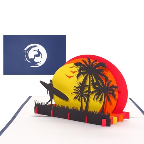Pop Up Karte „Surfer - Sunset Beach“ 3D Geburtstagskarte, Einladung, Geschenk Surfen & Gutschein für Urlaub, Reise, Surfkurs oder Surfbrett von Cologne Cards