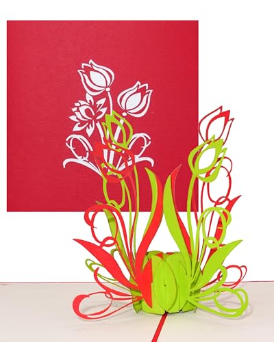 Pop Up Karte „Tulpen in Rot & Grün“ 3D Geburtstagskarte - Tulpenkarte als kleines Geschenk, Gutschein oder Geschenkverpackung – zum Geburtstag oder als Dankeskarten & Dankeschön Geschenk von Cologne Cards