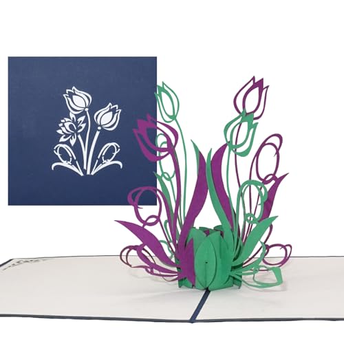 Pop Up Karte „Tulpen in Violett & Grün“ 3D Geburtstagskarte - Tulpenkarte als kleines Geschenk, Gutschein oder Geschenkverpackung – zum Geburtstag oder als Dankeskarten & Dankeschön Geschenk von Cologne Cards