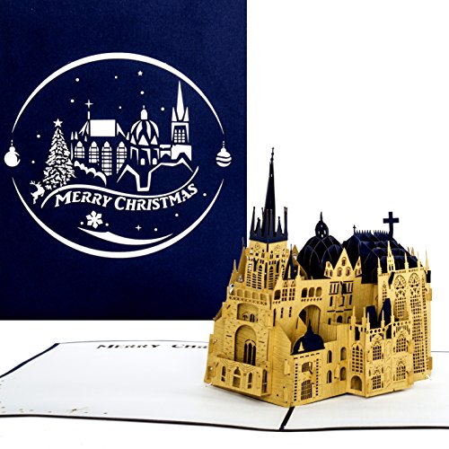 Pop-Up Karte Aachener Dom Merry Christmas Blau, Öcher Karte, Weihnachtsgruß aus Aachen, Weihnachtskarte Kaiserstadt von Cologne Cards