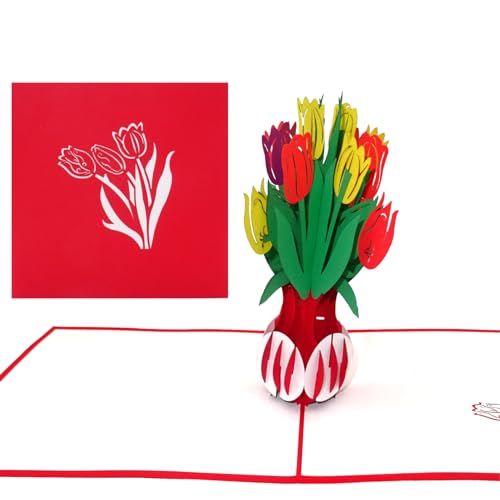 Pop Up Karte Bunte Tulpen – 3D Glückwunschkarte mit Blumendeko als Geburtstagskarten, Einladungskarten & Dankeskarten - Blumenkarte als Geschenkverpackung, Danksagung, zum Geburtstag u.v.m. von Cologne Cards