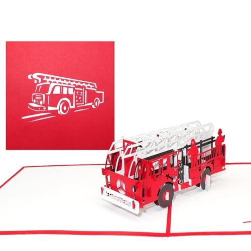 Pop Up Karte Feuerwehr - 3D Geburtstagskarte & Glückwunschkarte mit Löschzug - als Geschenkidee, Gutschein, Einladung & kleines Geschenk zu Geburtstag, Jubiläum und Einschulung von Cologne Cards