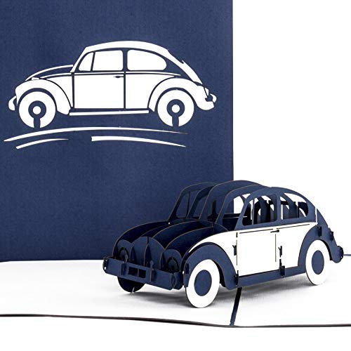 Pop Up Karte Käfer“ in Blau - 3D Geburtstagskarte, Glückwunschkarte & Karte zum Führerschein - mit filigranem 3D Auto Modell als Geschenk, Geschenkverpackung und Reisegutschein von Cologne Cards
