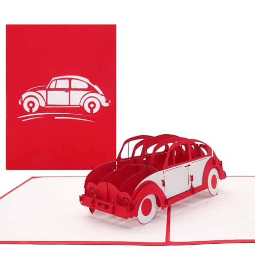 Pop Up Karte Käfer“ in Rot - 3D Geburtstagskarte, Glückwunschkarte & Karte zum Führerschein - mit filigranem 3D Auto Modell als Geschenk, Geschenkverpackung und Reisegutschein von Cologne Cards