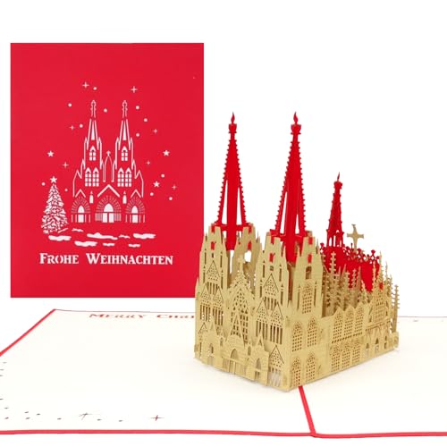 Pop-Up Karte Kölner Dom Frohe Weihnachten Rot, Weihnachtskarte Kölner Dom, Pop Up Karte zu Weihnachten, 3D Grußkarte Köln von Cologne Cards