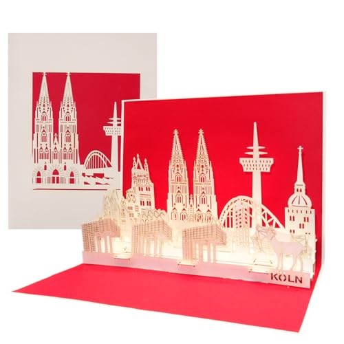 Pop Up Karte Kölner Skyline 3D Köln Panorama Geburtstagskarte, Einladungskarte & Gutscheinkarte – als Reisegutschein, Einladung & Geschenkgutschein mit 3D Modell Kölner Dom aus Papier von Cologne Cards