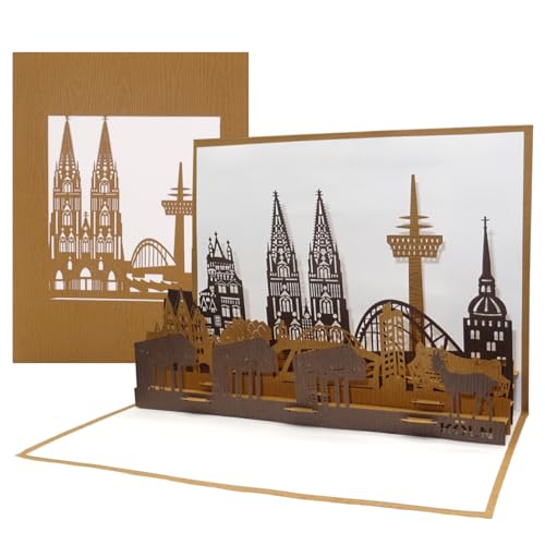 Pop Up Karte Kölner Skyline Köln Panorama Geburtstagskarte, Einladungskarte & Gutscheinkarte – als Reisegutschein, Einladung, Geschenkgutschein aus Spezialpapier mit Holzmaserung von Cologne Cards