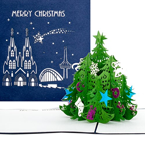 Pop-Up Karte "Tannenbaum | Köln - Merry Christmas" Blau, Kölner Weihnachtskarte, Tannenbaum Köln, Pop Up Karte zu Weihnachten, 3D Karten, Grußkarte, Adventskarte, Christmas Card Cologne von Cologne Cards