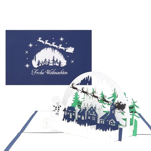 Weihnachtkarte „Winter Panorama mit Schneemann“ 3D Pop-Up Karte „Winterlandschaft – Frohe Weihnachten“ Blau von Cologne Cards